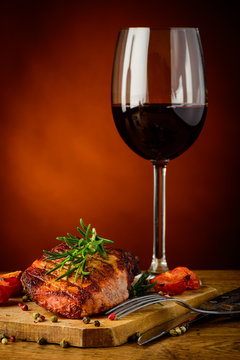 Grilled Steak And Glass Of Red Wine