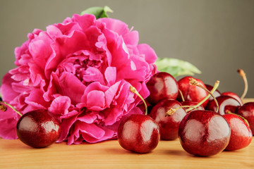 Pink peony with cherries - retro style