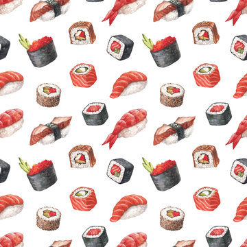 Delicious Sushi. Watercolor Seamless Pattern