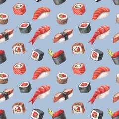 Delicious sushi. Watercolor seamless pattern
