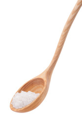 Mineral salt in wooden spoon isolated on white background cutout