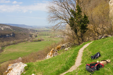 Three backpacks trown on a young green grass
