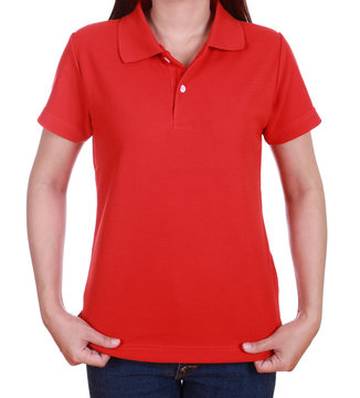 blank red polo shirt on woman