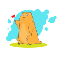 Cartoon cute groundhog with flower. Vector illustration.