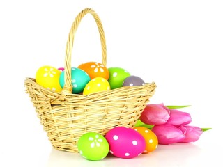 Easter basket filled with colorful eggs