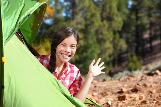 Camping Woman Waving Hello From Tent