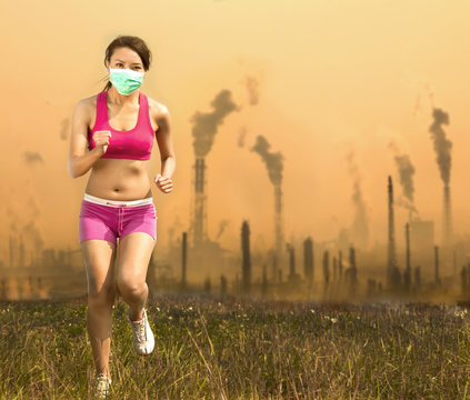 Woman Was Wearing A Mask And Running  On Air Pollution