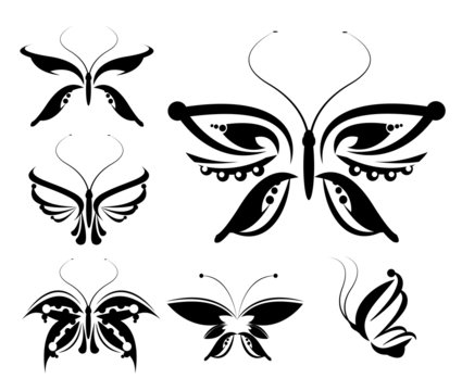 set of butterflies silhouettes isolated on white background