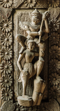 Wooden carving detail at Shwenandaw Kyaung Temple  in Mandalay,