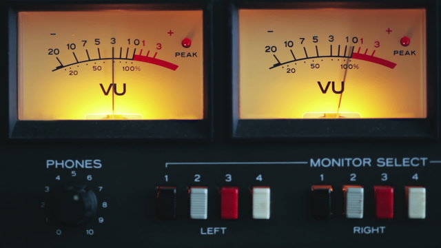 Close-up view of analog volume unit meter, studio equipment, HD