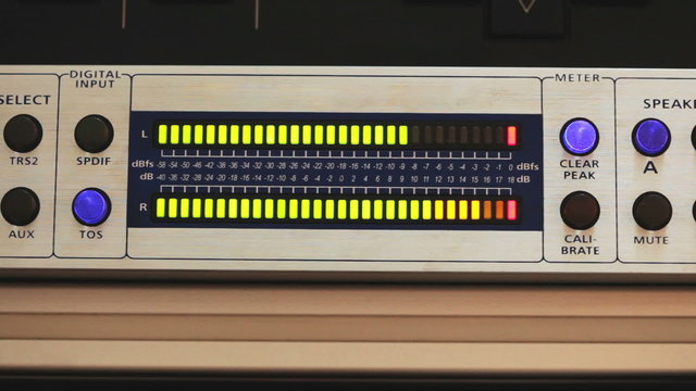 Close-up view of digital LED sound meter, studio equipment, HD