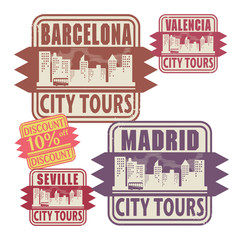 Naklejka premium Stamp set with names of Spain cities, vector