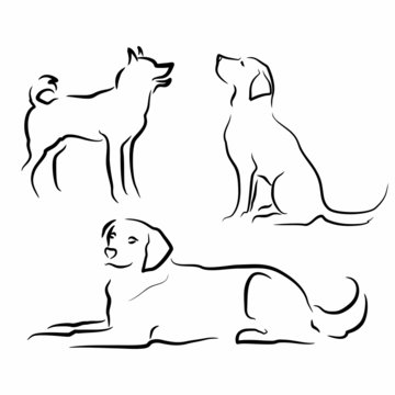 set of simple vector silhouettes of dogs in different poses