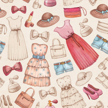 Dresses and accessories pencil drawings. Seamless pattern