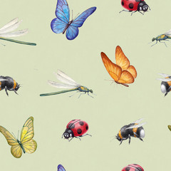 Seamless pattern with watercolor insects illustrations