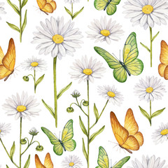 Naklejki  Ilustracja kwiatów rumianku i motyli