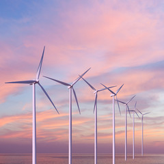 Wind generators turbines in the sea on sunset