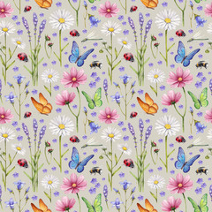 Fototapety  Wild flowers and insects illustration. Watercolor summer pattern