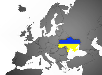 3D Europakarte grau / weiß- Ukraine Flagge