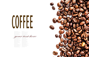 Brown roasted coffee beans isolated on white background.  Arabic