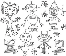 Robot Computer Technology Doodles Vector Illustration Set