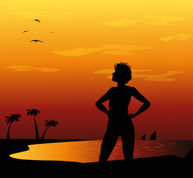 silhouette di ragazza sulla spiaggia al tramonto
