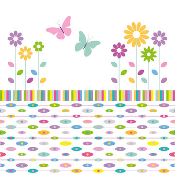 flowers and butterflies on colorful abstract pattern