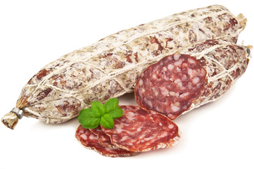 salami and basil leaves