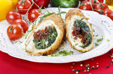 Chicken roll stuffed with spinach and dried tomatoes