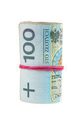 Polish banknotes of 100 PLN rolled with rubber