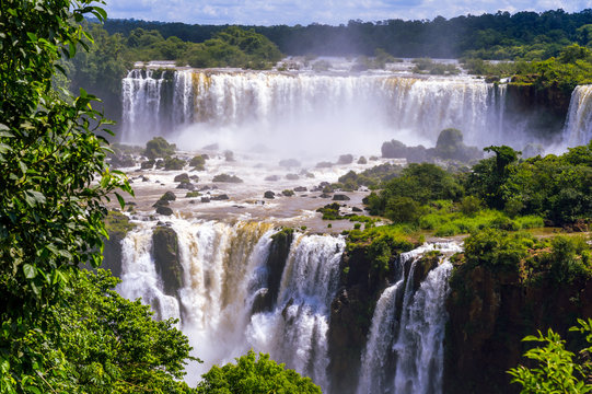 Beautiful cascade of waterfalls. Iguassu falls in Brazil