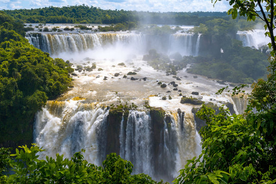 Cascade of waterfalls. Iguassu falls or Iguazu Falls in Brazil w