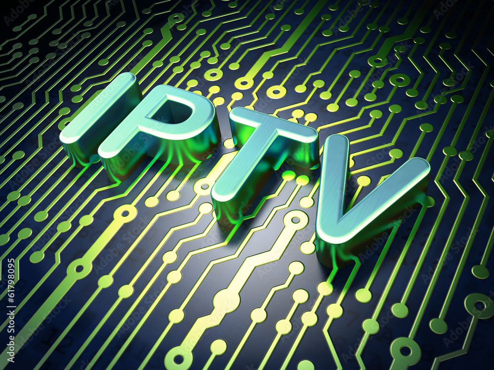 Poster seo web development concept: iptv on circuit board background