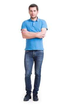 Full portrait of smiling happy handsome man in blue t-shirt.