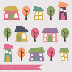Cute Houses Trees Vector Set Flat Icons