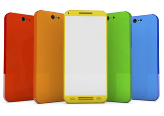 group of touchscreen smartphones with colorful interface