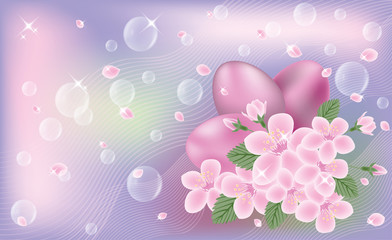 Obraz na płótnie Canvas Easter cute banner with eggs and sakura flores