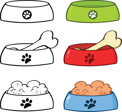 Dog Bowl Cartoon Illustrations. Set Collection