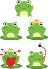 Happy Frog Sitting On A Leaf Cartoon Characters. Set Collection