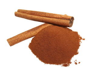 Cinnamon sticks with powder on white, with clipping path