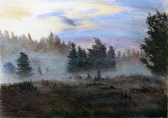 Papier Peint photo Lavable Forêt dans le brouillard pastel drawing