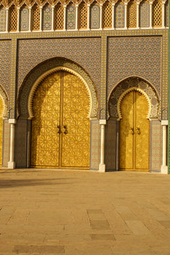 Closeup of 3 Ornate Brass and Tile Doors to Royal Palace in Fez,