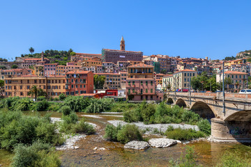 Fototapeta premium Bridge across overgrown riverbed and view on small town.