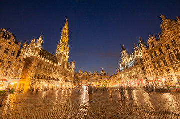 Grand Place City Hall And Guildhouses at night, BRUSSELS.