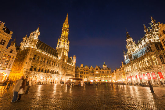 Grand Place City Hall And Guildhouses at night, BRUSSELS.