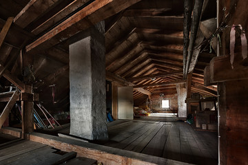 old wooden attic with roof framework structure and window - obrazy, fototapety, plakaty