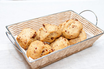 Crusty bread rolls with fresh bacon garnish