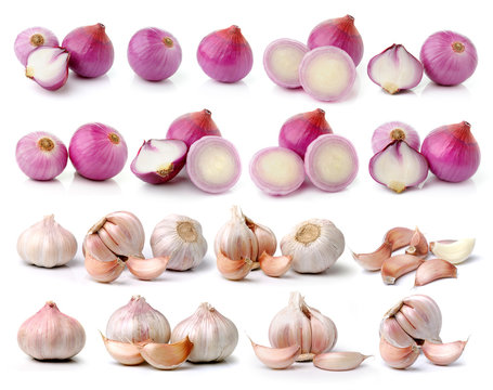 shallots and garlic isolated on white background