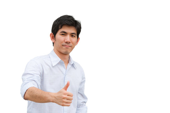 An asian man point his hand as present product