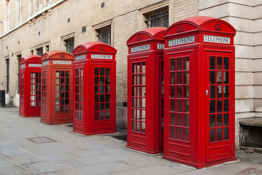 Traditional red telephone boxes in London, UK